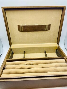 SWANK Men’s Wood Valet Jewelry Box with Coat of Arms Emblem Brown and Tan